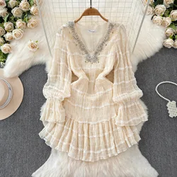 Women's Elegant Diamonds V Neck Lantern Sleeve Loose Short Dress Lady Spring Autumn Long Sleeve Pleated Mini Dress