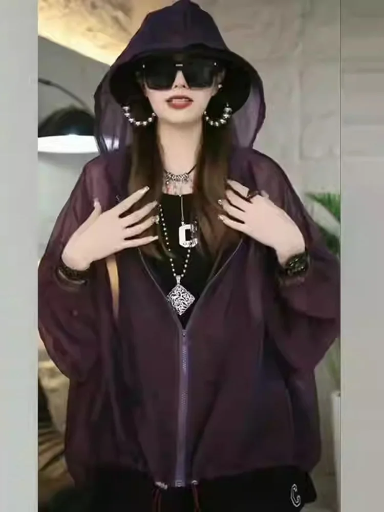 

Korean Sle Loose Thin Hooded Sun Protection Clothing Women's Summer New Pure Color Open Cardigan Faion Casual Outdoor Jaet