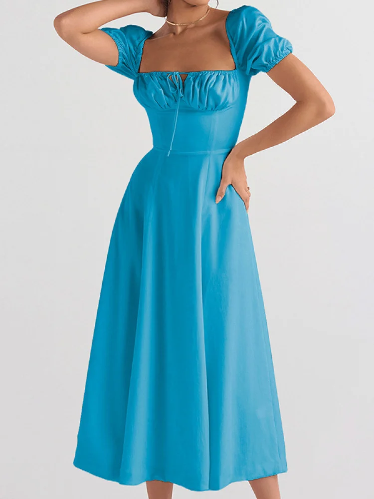 Elegant Summer High Waist Dress Women's Fashion Bubble Sleeve Bow Tie Short Sleeve Dress Stylish Casual Polyester Dress