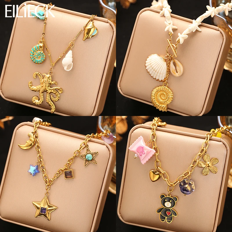 

EILIECK 316L Stainless Steel Bear Octopus Pentagram Pendant Necklace For Women Statement Golden Waterproof Chain Jewelry Gift