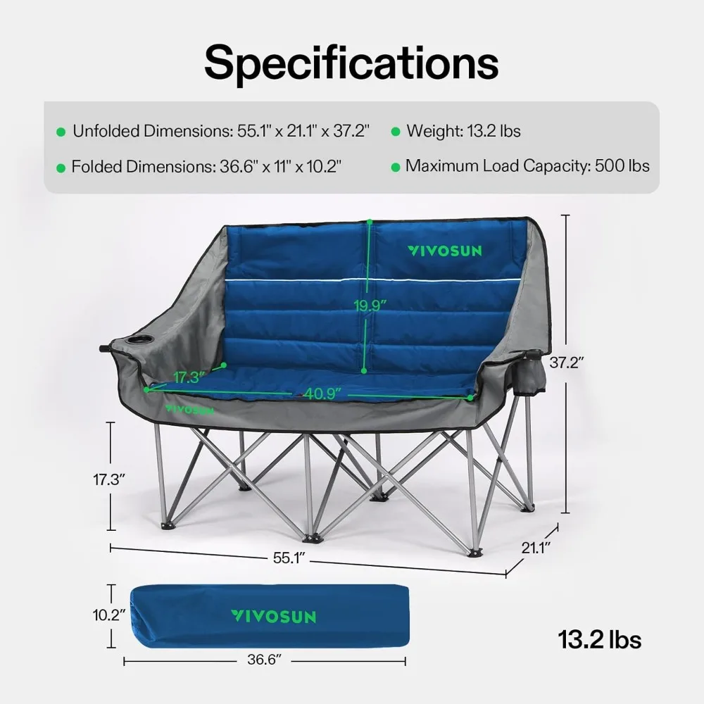 Cadeira de acampamento dupla VIVOSUN, loveseat dobrável totalmente acolchoado, cadeira duo grande com suportes para copos e copos de vinho, bolso, braços