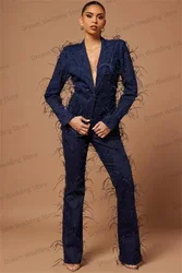 Luxury Feather Pearls Women Suit Set Blazer+Pants Custom Made Navy Blue Wedding Tuxedo 2 Pieces Formal Office Lady Female Jacket