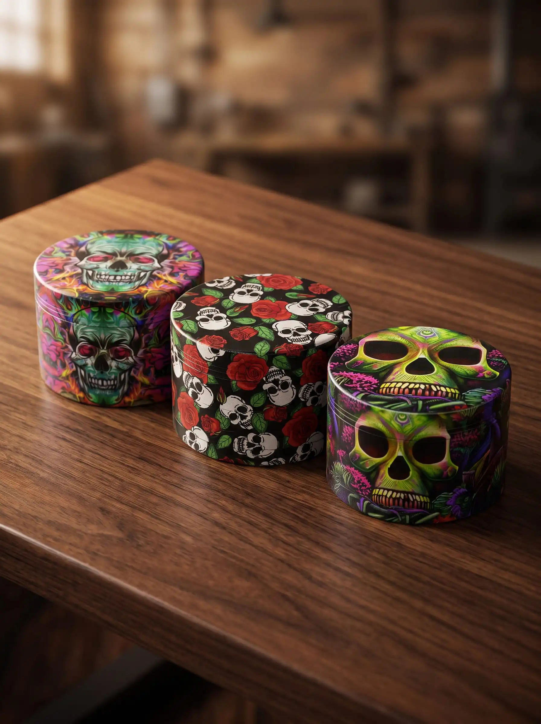 50mm Skull Pattern Grinder Metal 4-Layer Spice Grinder with Mesh Screen Portable Manual Mill for Kitchen Travel Tabletop Use