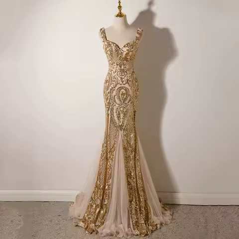 Gold Sequin Evening Dress for Women Trumpet Mermaid Floor Length Formal Party Gowns Customized