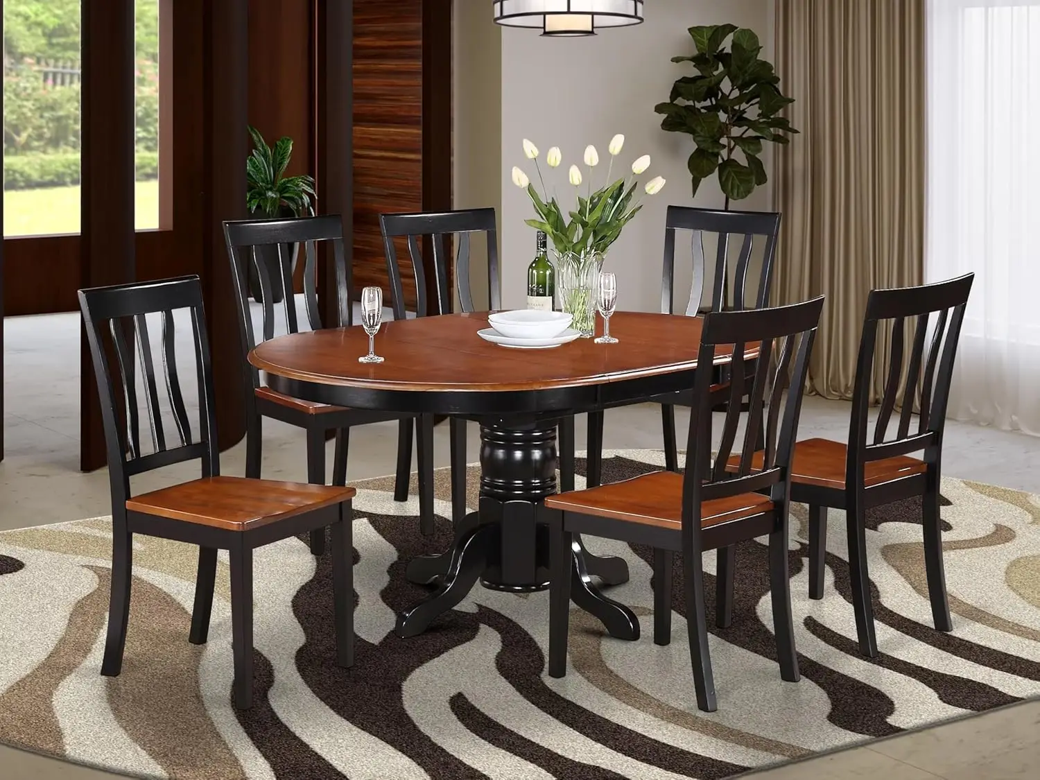 7-Piece Dining Table Set 6 Kitchen Chairs with Wooden Seat A Beautiful Butterfly leaf Kitchen Table Black & Cherry Finish