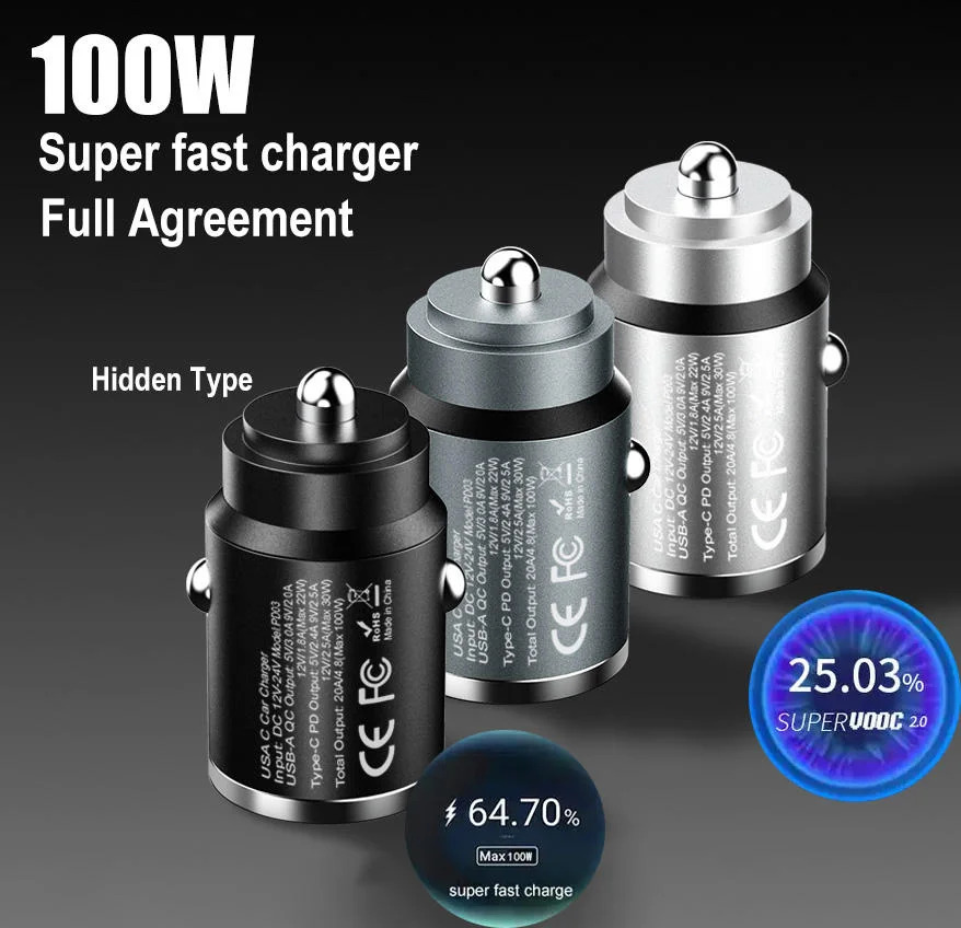 Dual Port Mini USB C Car Charger 30W PD Vehicle-mounted 100W QC3.0 Mobile Phone Tablet Compatible Multi-function Type c Metal