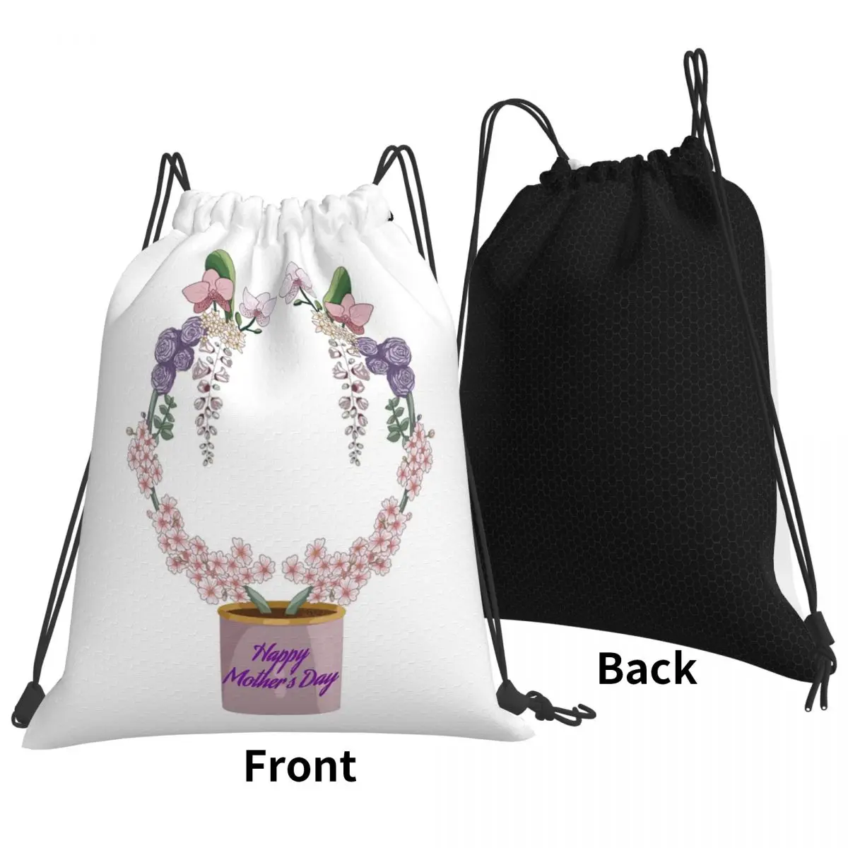 Happy Mothers Day Plant Pot Circle Backpacks Casual Drawstring Bags Storage Bag Book Bags for Travel School