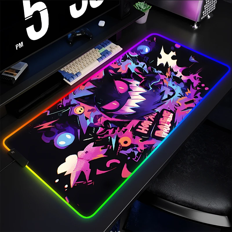 

RGB Rubber Mouse Pad P-Pokemon Gengar Gamer Gaming Accessories Varmilo Keyboard Computer Desk Mat Carpet Backlight LED Mousepad
