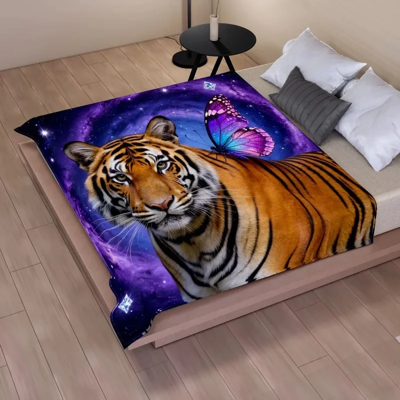 Soft Plush Flannel Throw, Tiger & Butterfly Galaxy Design Warm Blanket, Versatile Cover for Bedroom, Sofa & Office Naps