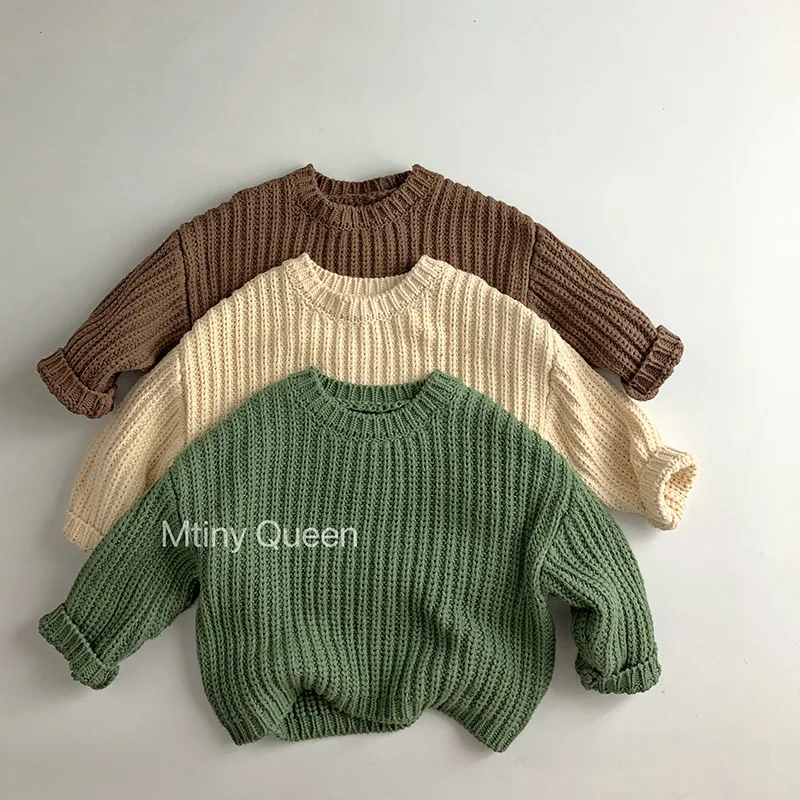 

ins style ~2025 Autumn/Winter Korean children's sweater, stylish boy pullover knitted sweater, solid color round neck sweater