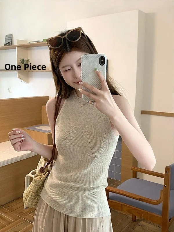Sweet Summer Knitted Vest Women's round Neck Hollow out Sleeveless A-Line Narrow Shoulder Strap Vest Casual Style Short Lengt...