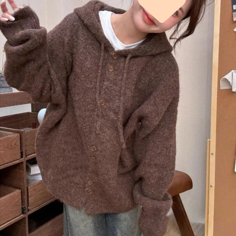 

Свитер с капюшоном, кардиган, женский осенне-зимний утепленный наряд, свободный свитер в ленивом стиле, куртка, топ