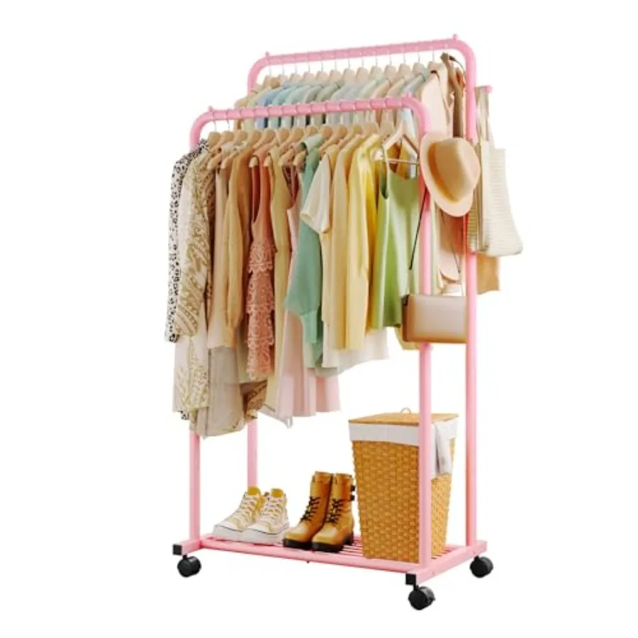 

Стойка для одежды с двумя перекладинами, сетчатой полкой, крючками и колесиками, металлическая вешалка для одежды и сумок