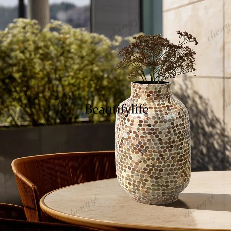 Natural shell inlaid vase handmade, parquet decorative flower ware, living room entrance soft decoration ornament