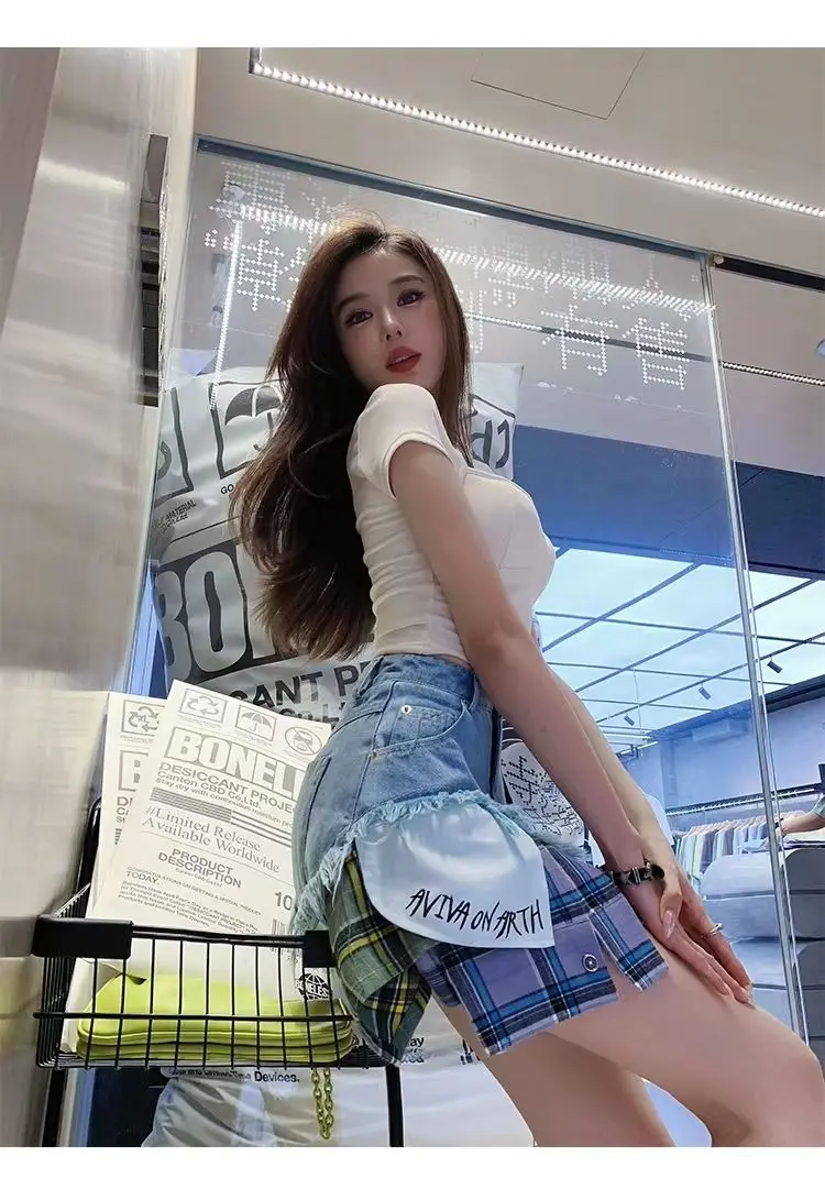 European And American Spice Girls High Waist Skirt 2024 Summer New Women Denim Skirts Colored Plaid Patchwork Irregular Clothing