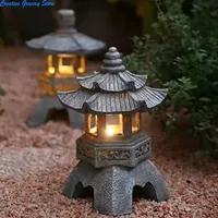 Decoration Zen Ornaments Solar Powered Tower Garden Statue Palace Lanterns Chinese Solar Lamp Stone Courtyard Pagoda Lantern