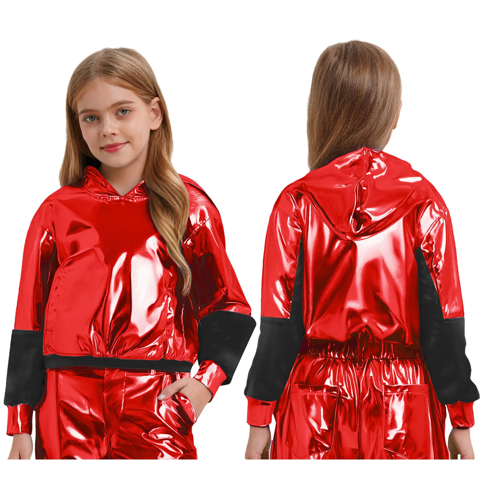 Moletom respirável para performance de dança, moletom metálico brilhante para meninos e meninas para jazz hiphop street disco dance wear