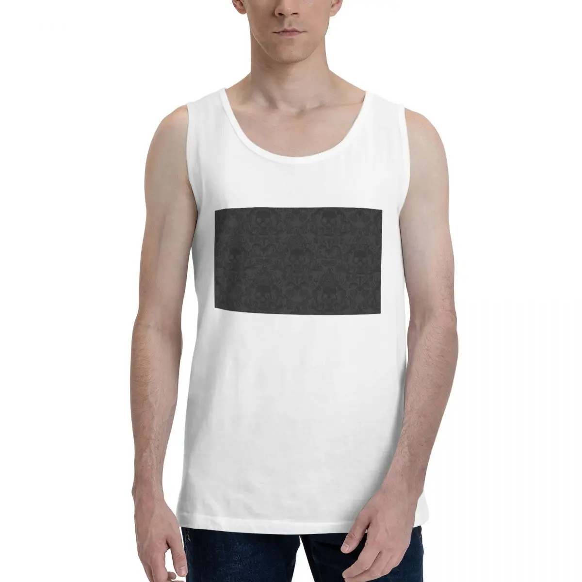 Goth Gothic Black Skull Damask Pattern 100% Cotton Men's Sweatshirt Vest Sleeveless Clothing Tees Men Tank Tops T-shirt