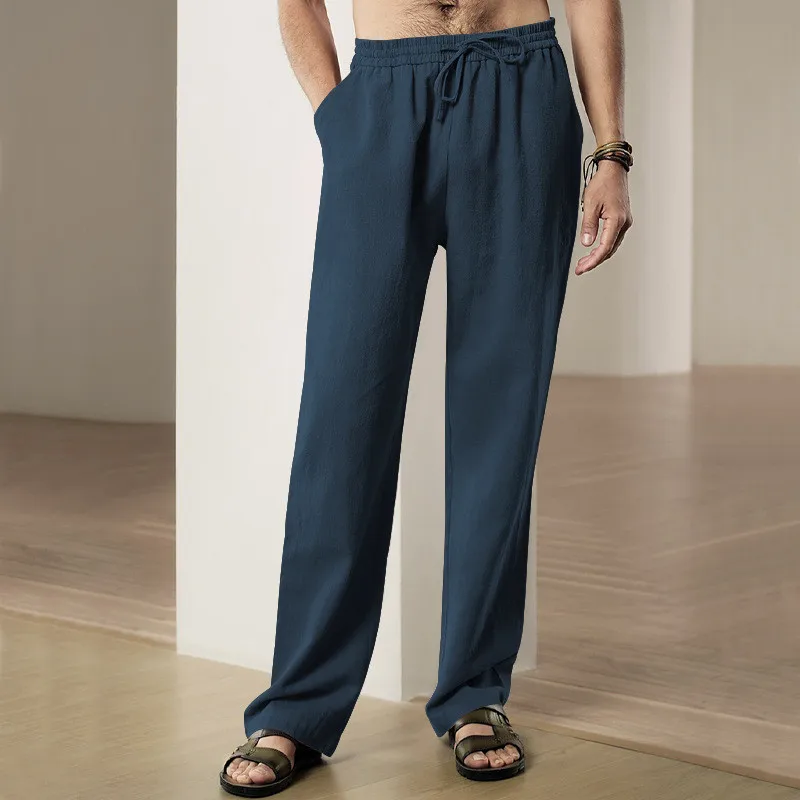 Calça reta de cintura elástica masculina, Monocromática, Linho, Respirável, Negócios, Casual, Praia, Férias, Verão