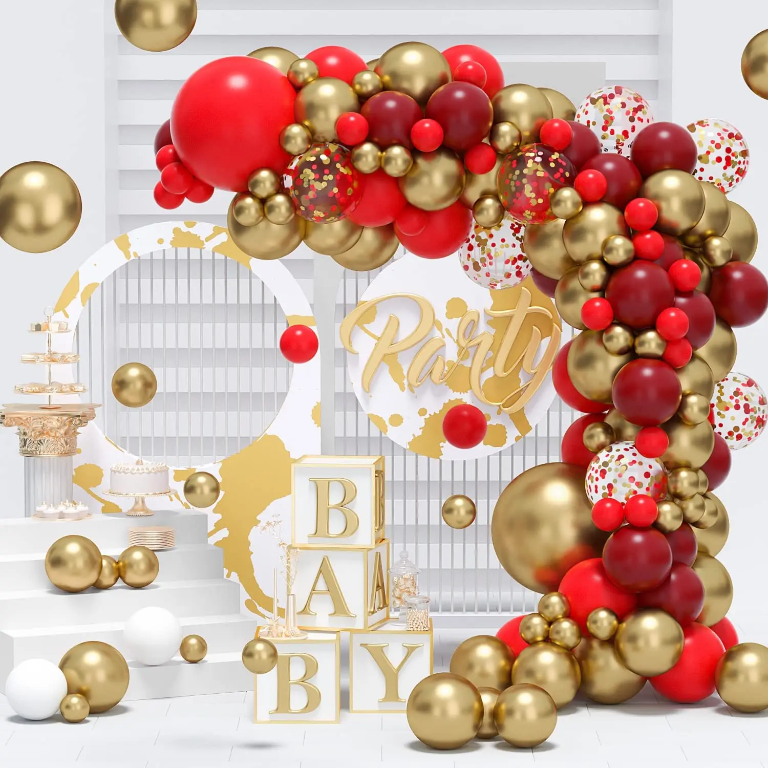 152PCS Red Gold Balloon Garland Arch Kit Metallic Chrome Gold Confetti Balloons for Prom Bridal Shower Birthday Party Decoration