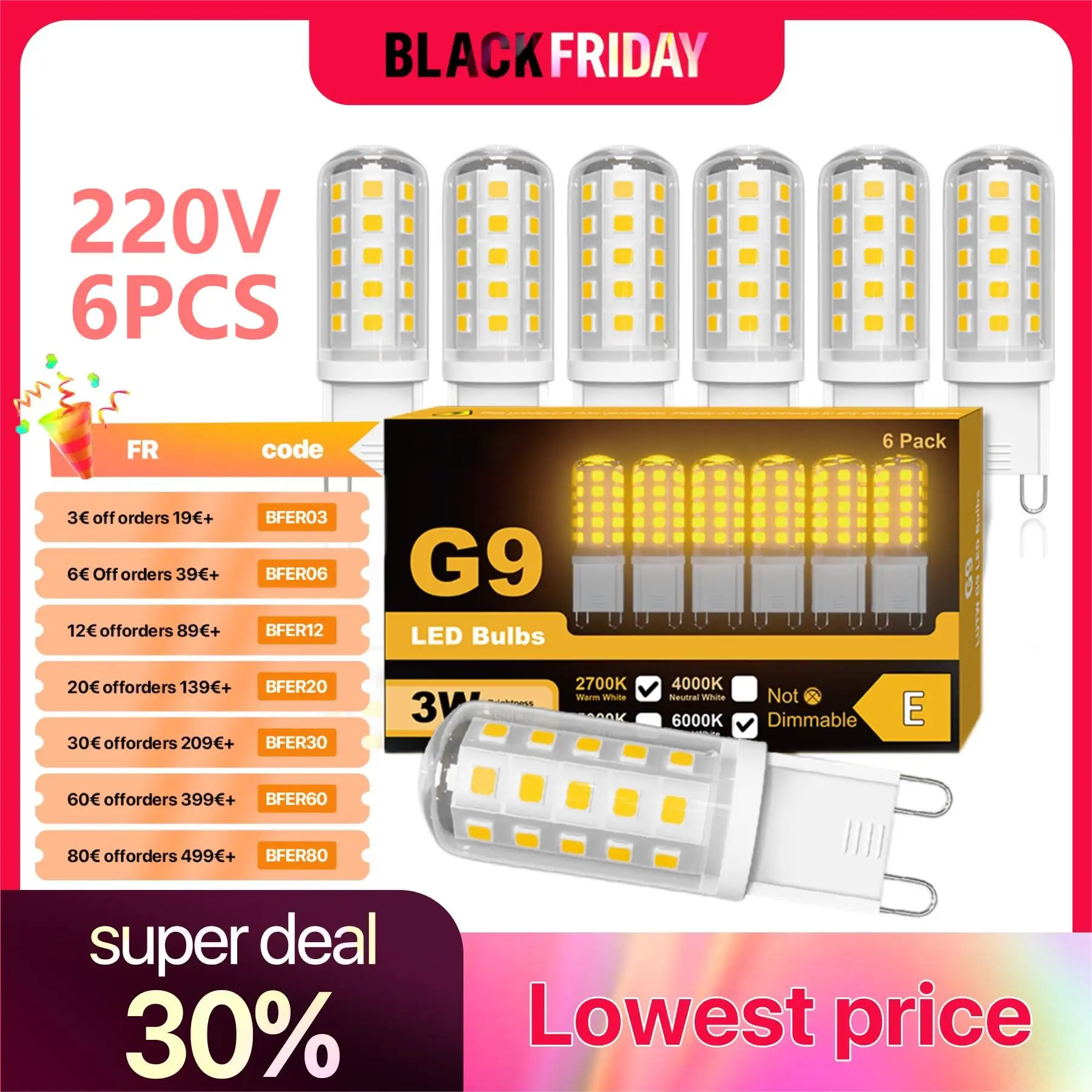 G9 LED Bulbs 3W 220V 2700K Warm White 6000K Cool White Energy Saving Light Bulbs Equivalent 30W - 40W Non-dimmable 6Pack