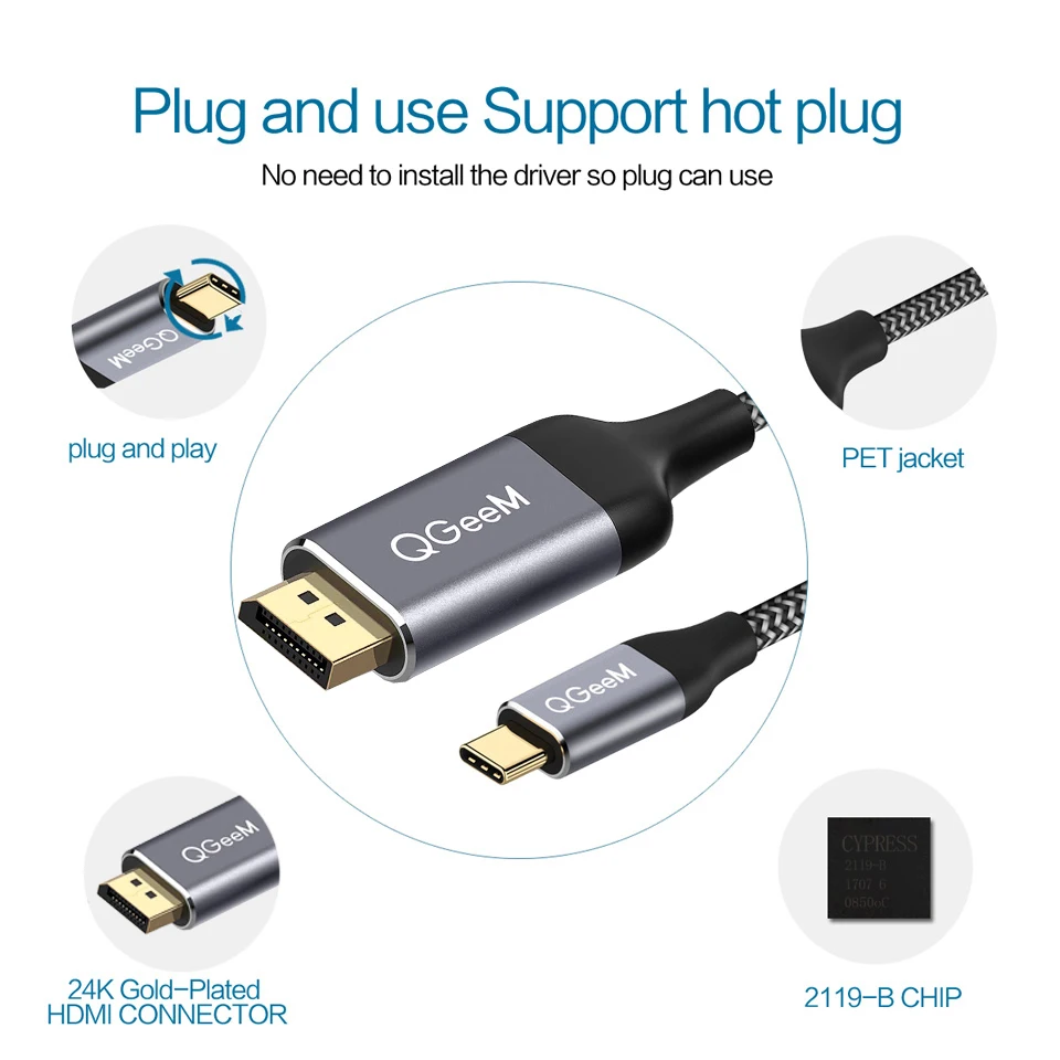 USB C to DisplayPort Cable (4K@60Hz),USB 3.1 Type C (Thunderbolt 3 Compatible) to DP Cable for MacBook 2017 Galaxy S9 Huawei P20