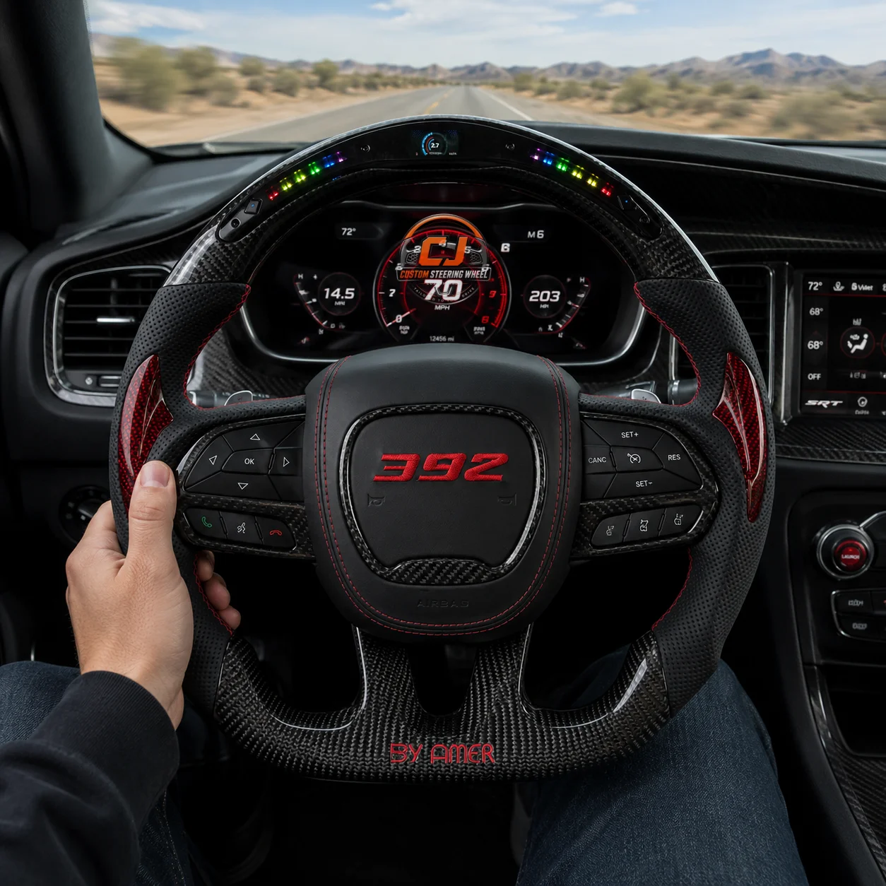 For Dodge Charger Challenger Durango SRT 392 Hellcat RT GT 2015-2023 LED Carbon Fiber Perforated Leather Steering Wheel
