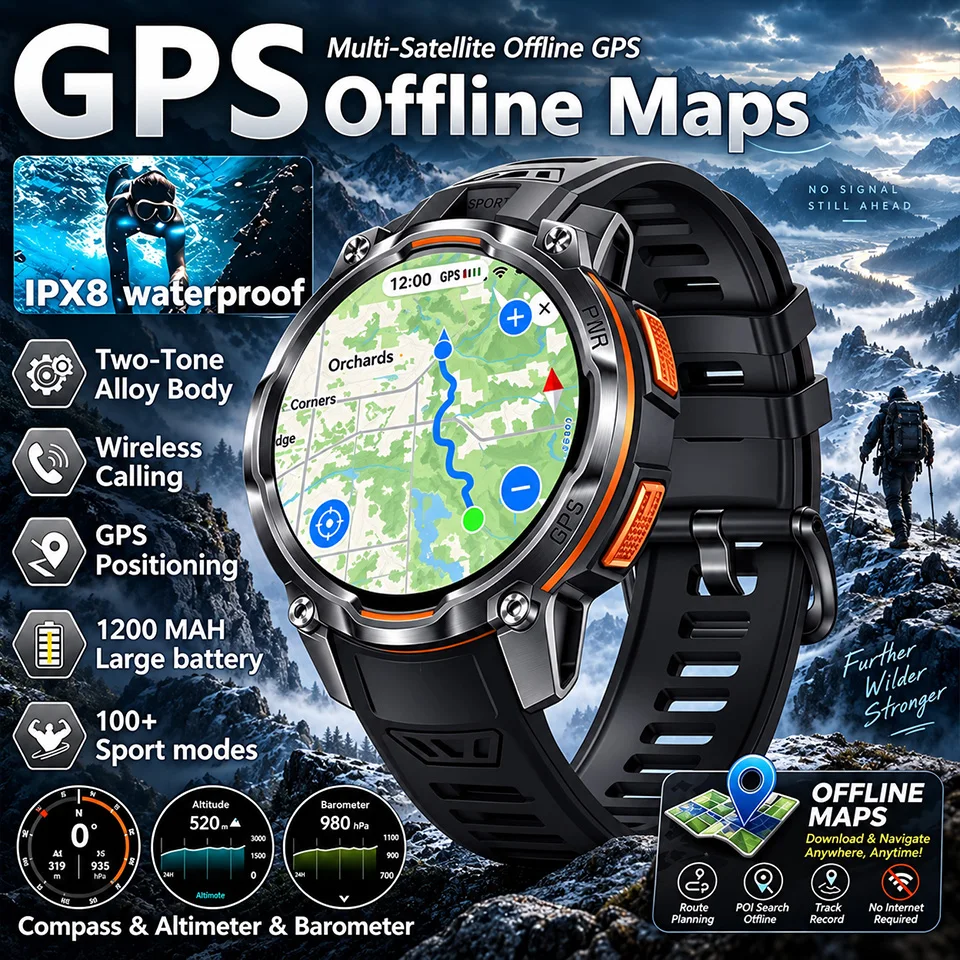 2026 Offline Maps Smart Watch GPS Navigation 10ATMWaterproof 1200mAh Compass Altimeter Barometer Call 100+Sport Bracelet Climber