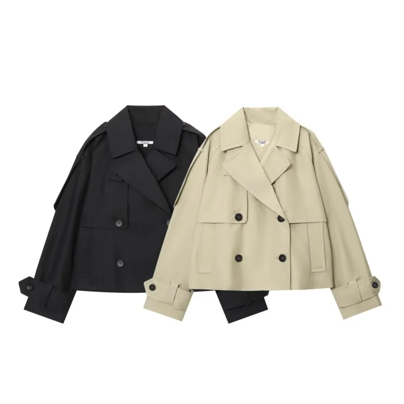 

Double Breasted Short Jacket Casual Short Water Repellent Trench Coat Long Sleeve Lapel Women Coats Female Tops