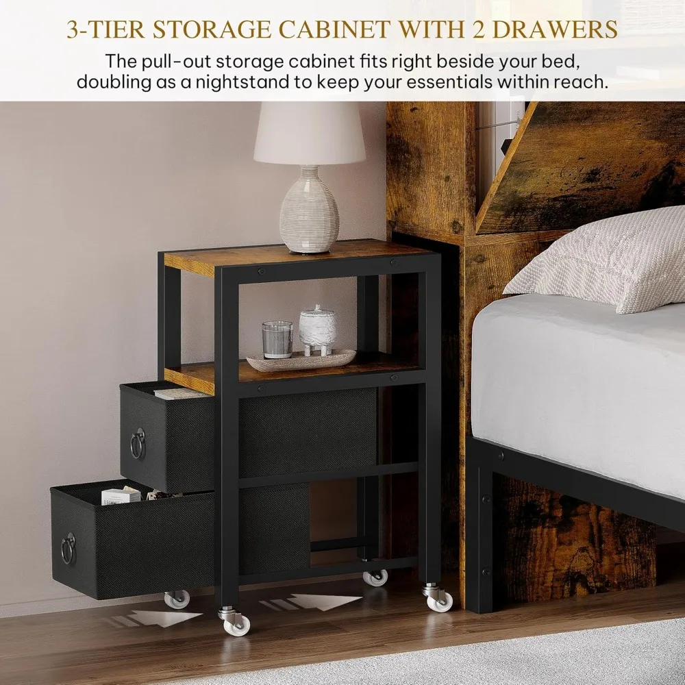 Queen Size Bed Frame with Storage, Bookcase Headboard, RGB LED Lights, Slide Out Side Storage, and Charging Station