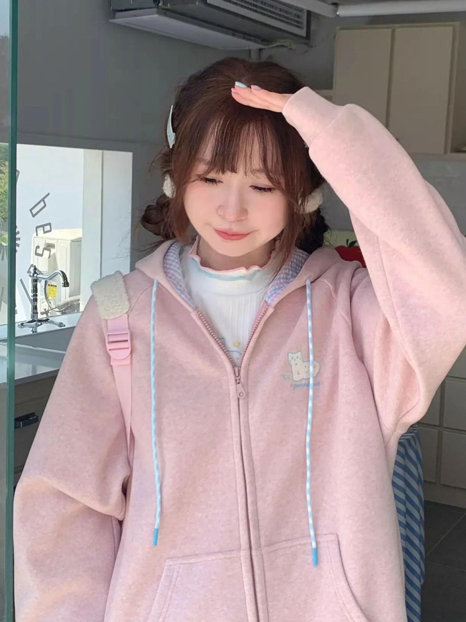 QWEEK Korean Fashion Pink Hoodie Zip-Up Women Japanese Y2K Kawaii Hooded Sweatshirts Oversized Sweet Cute Basic Hooded Outerwear