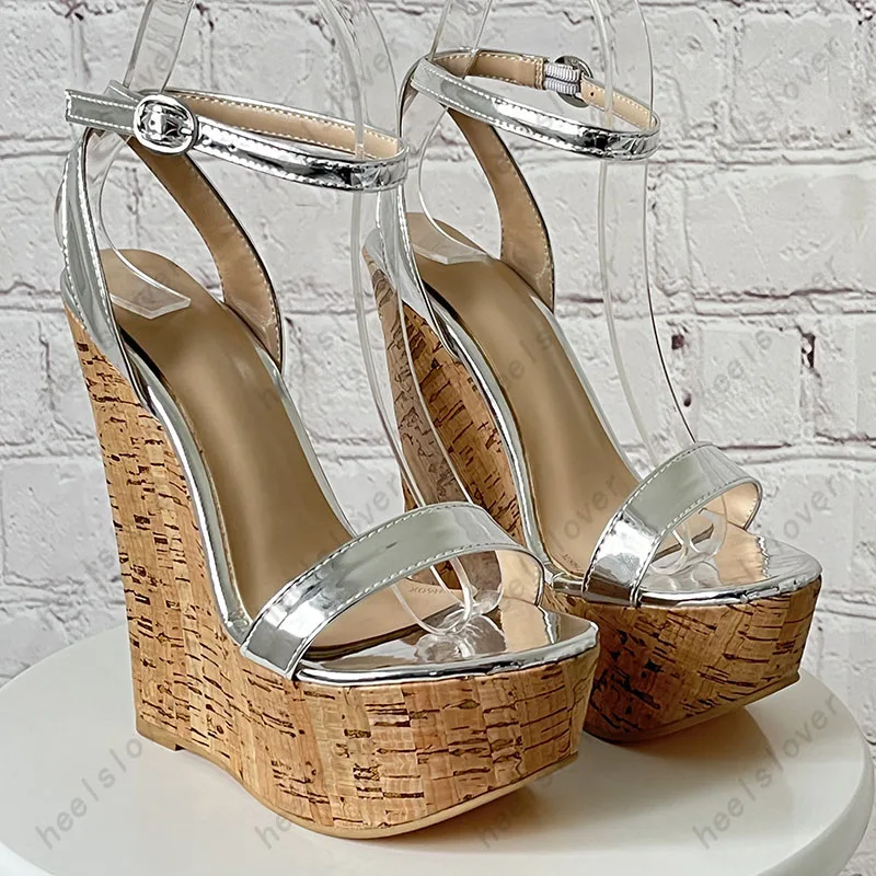 Ahhlsion Handmade Women Summer Sandals Comfort Wedges Heels Open Toe Beautiful Silver Party Shoes Ladies US Size 5-20