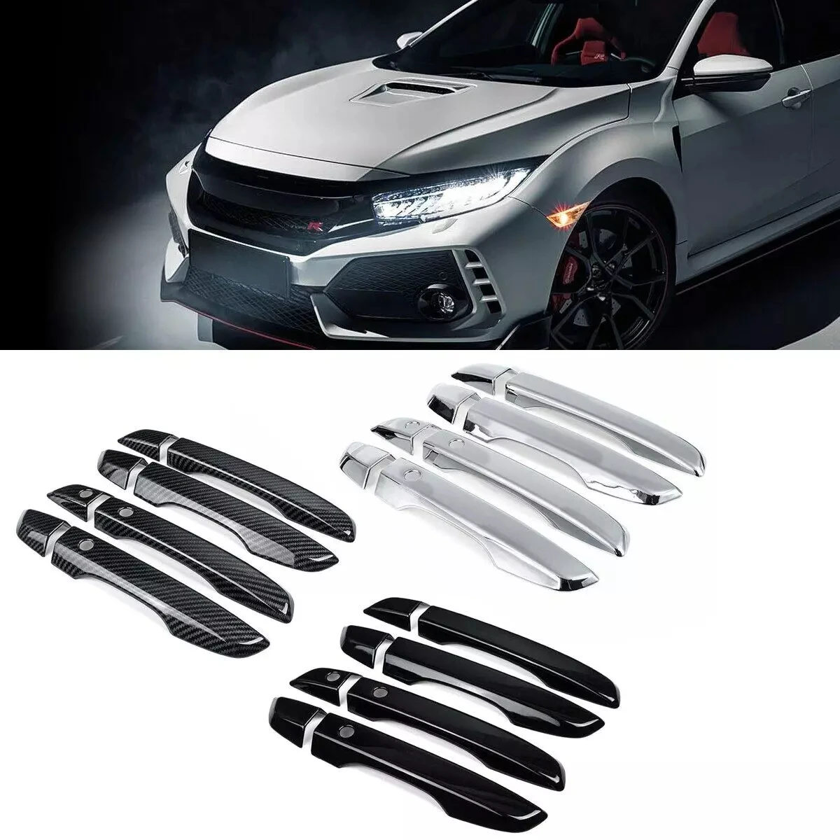 

For Honda Civic 10th Gen 2016-2021 Car Carbon Fiber Style Black Exterior Door Handle Moulding Cover Trim w/Keyless Entry Decor