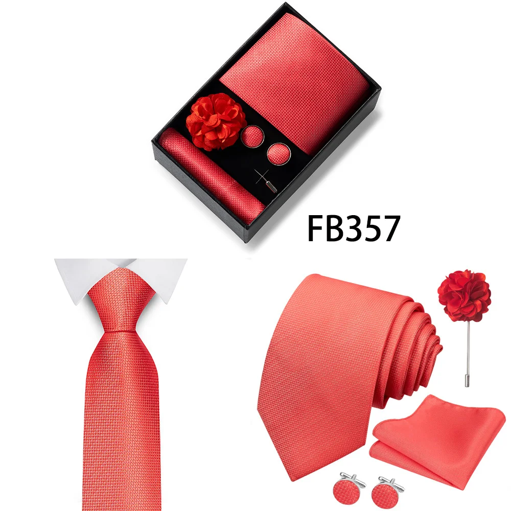 Neues Marken-Mode-Set: 8 cm Krawatte, Einstecktuch, Manschettenknöpfe und Brosche für Herren, Rot-Grau, Hochzeit, Geschenkbox, Passend für Partys – Detail 20