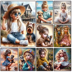 Diamond Painting Cute Girl And Cat Dog DIY Cross Stitch Embroidery Sets Full Round/Square Diamond Mosaic Portrait Decor For Home