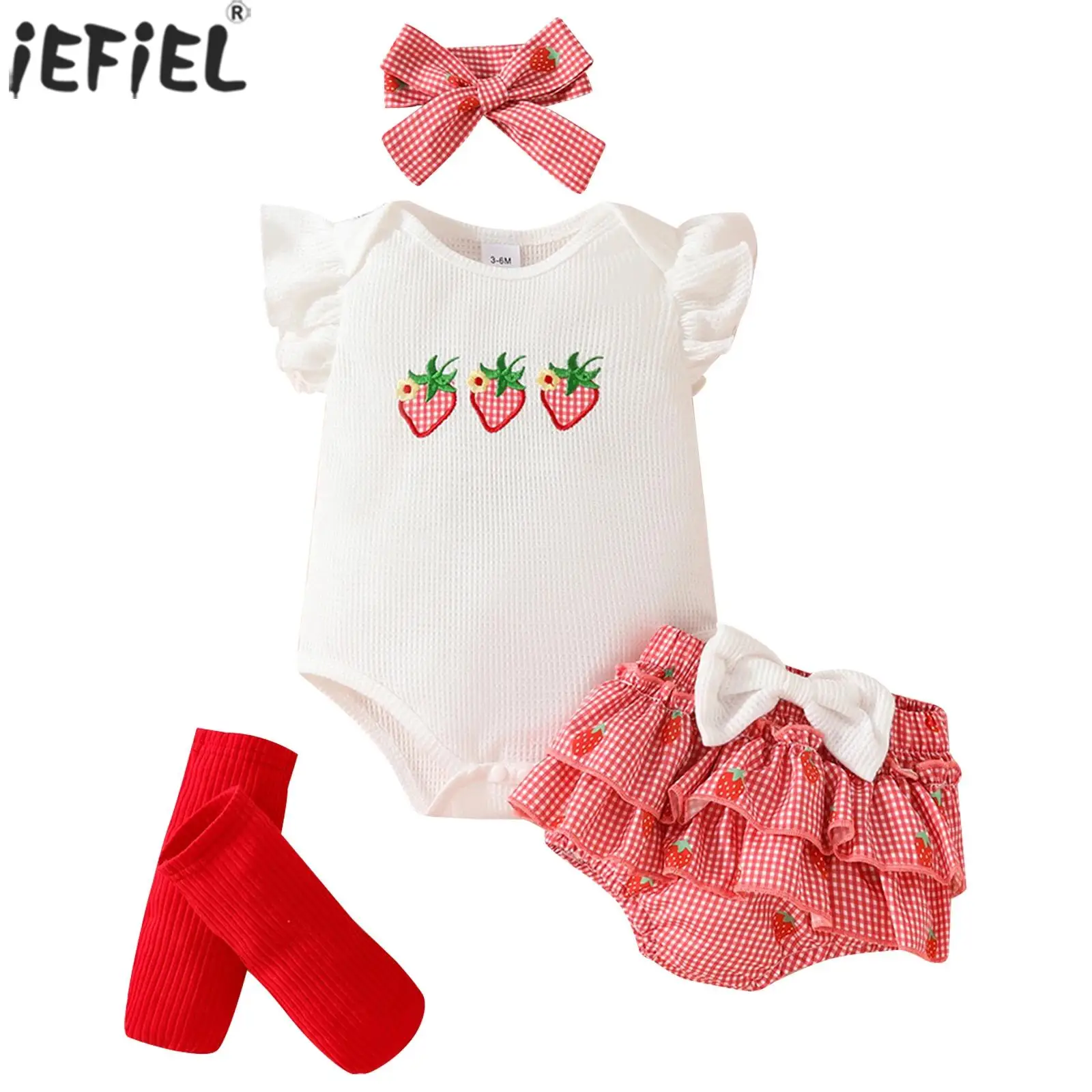 

Baby Girls Clothes Summer Rompers Outfits Short Sleeves Embroidery Bodysuit Plaid Ruffled Shorts with Foot Covers Headband Set