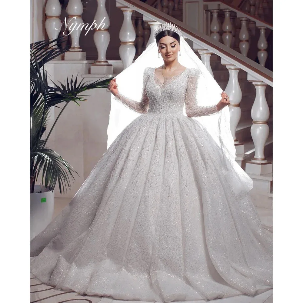 Elegant V Neck Sequined Beaded Wedding Dresses Women Long Sleeve Bridal Gowns Customized  Luxury Ball Gown vestidos de noiva