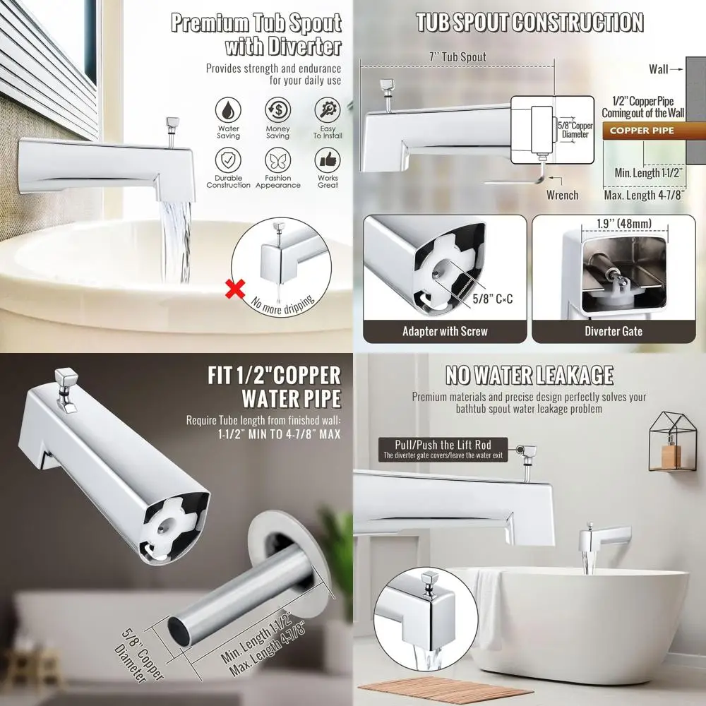 

7 Tub Spout with Diverter for Moen 3839/3853, Fits 1/2 Copper, 5/32 Hex Wrench (Chrome)