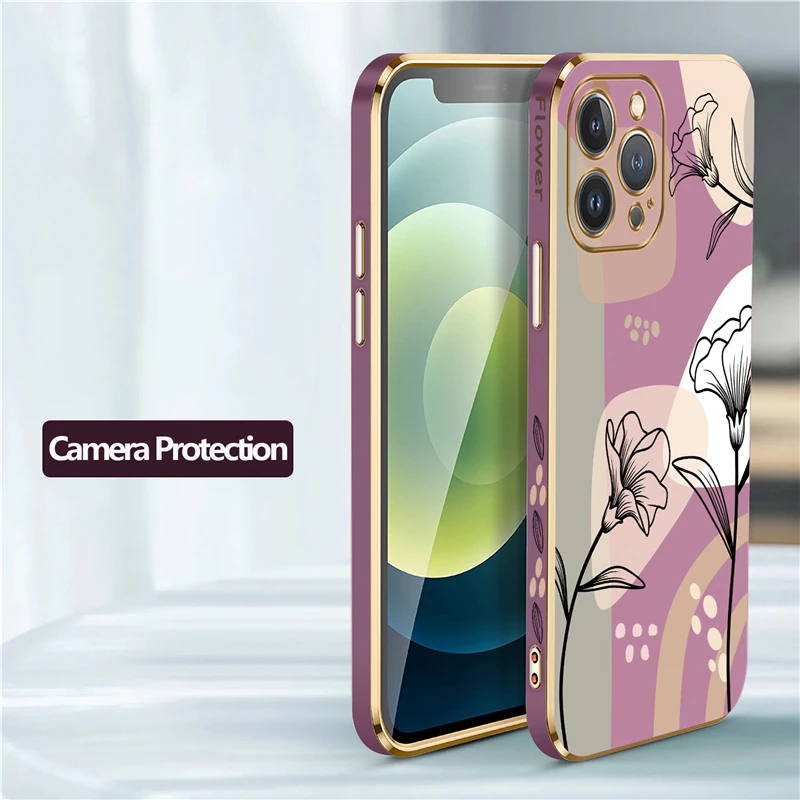 Plating Lens Protection Phone Case For iPhone 14 13 Pro Max 12 11 MiNi XR XS X 7 8 plus SE Silicone Flower Shockproof Back Cover