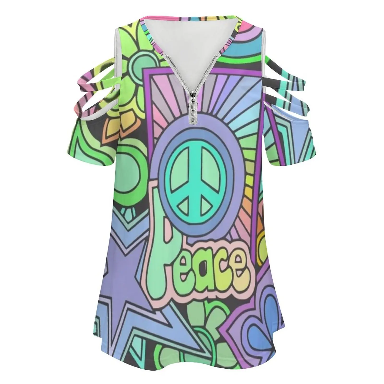 Pretty Hippy Trippy Flower Power Retro Design Women's T-Shirt New Fashion Printed Zipper V-Neck Short Sleeve T Shirts Casual
