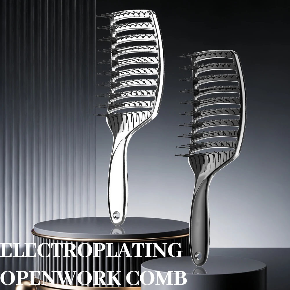 

Sleek Electroplated Openwork Comb - Curved Shape, Extended Bristles, Anti-Slip Handle for Smooth Styling & Quick Blow Drying