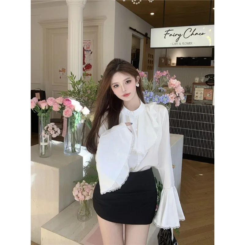 เสื้อเชิ้ตแขนบานผ้าชีฟองลูกไม้สำหรับผู้หญิง รุ่นใหม่ ดีไซน์หรูหรา ทรงหลวม ช่วยพรางหุ่น รุ่น TT987