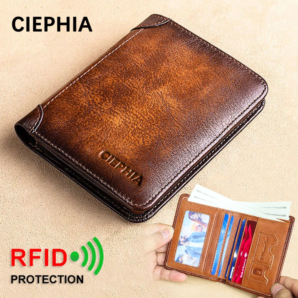 Billeteras plegables Rfid de cuero genuino para hombres, tarjetero corto Delgado Vintage, Clips para dinero, Regalos para Él, nuevo