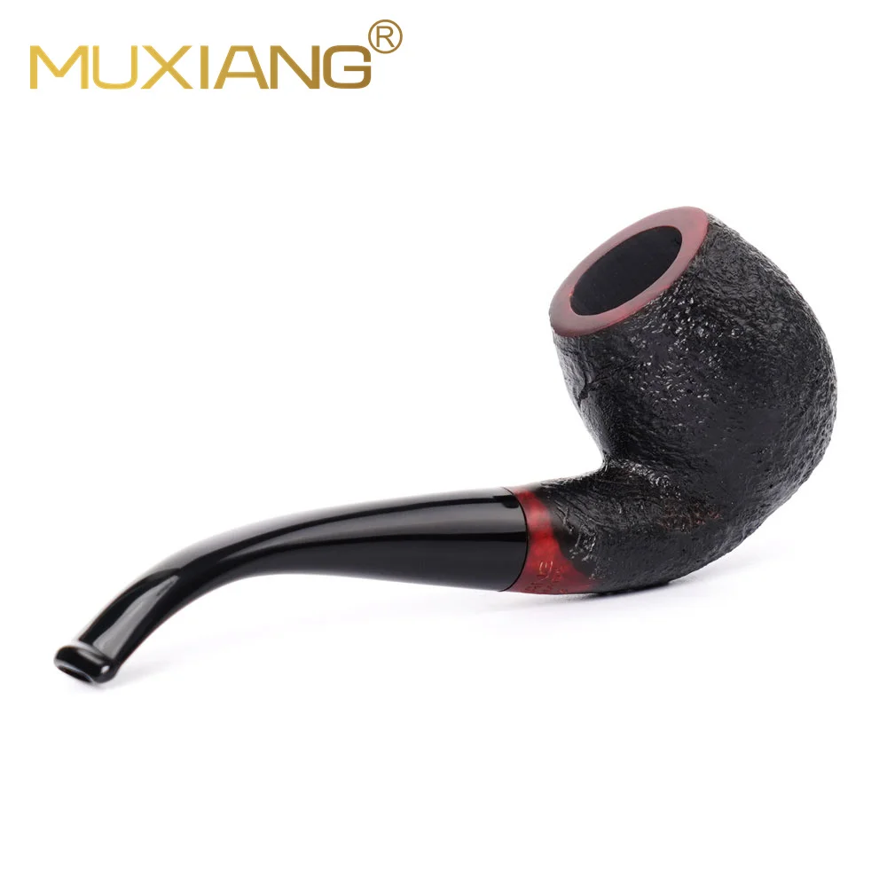 MuXiang Briarwood Tobacco Pipe 9mm filter element filter Hand sandblasted design pipe Curved handle SherlockHolmes pipe Black