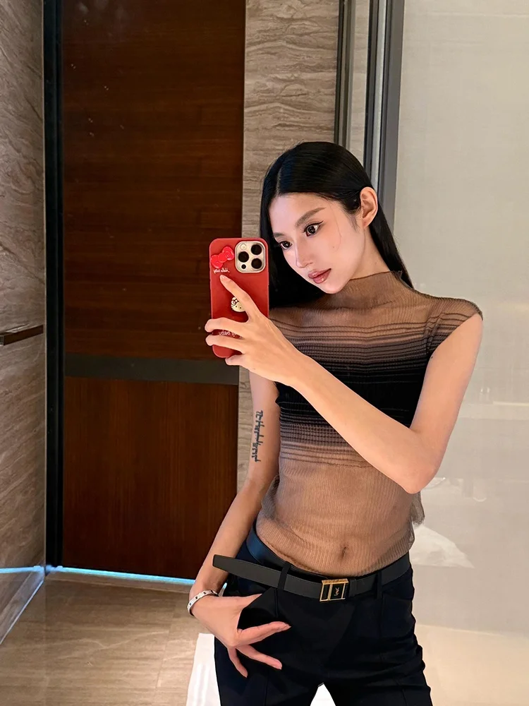 

Sexy See-through Mesh Knitted Vest Women's Slim Fit Fashionable Stripe Design Outerwear Summer Season Casual Wear Polyester F...