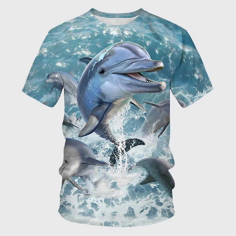 Summer New Cute Dolphin Pattern Men's Printed T-shirt Street Popular Harajuku Round Neck Plus Size Fashion Top Short Sleeve