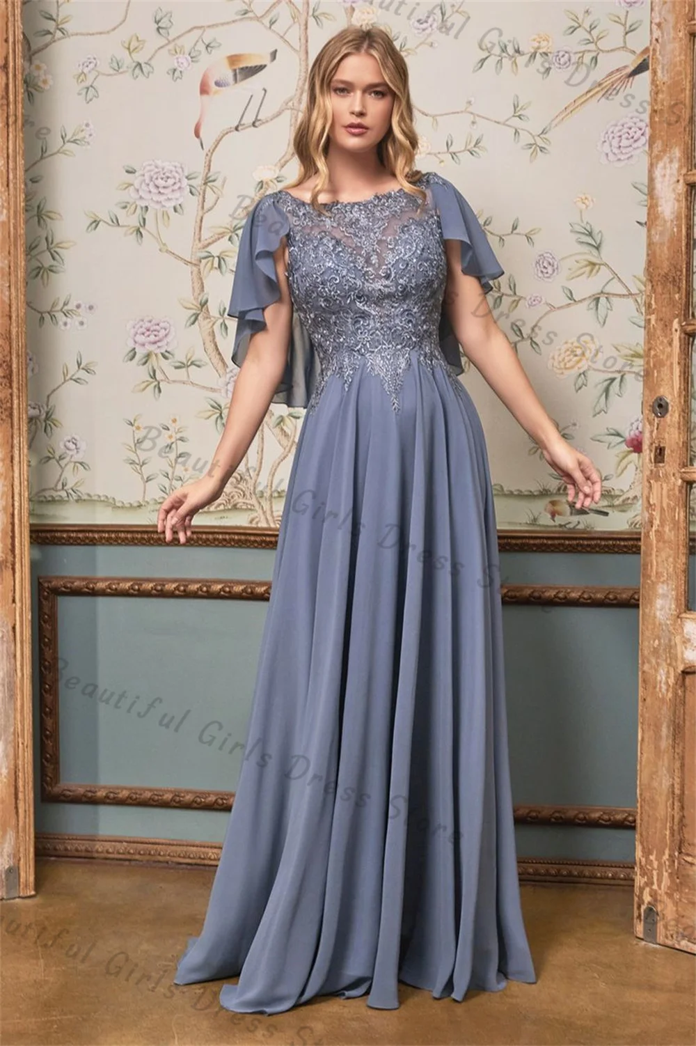 

Chiffon O-Neck Short Sleeves Mother of the Bride Dresses Lace Appliques Sheer Corset Evening Gowns A-line Long Formal Party