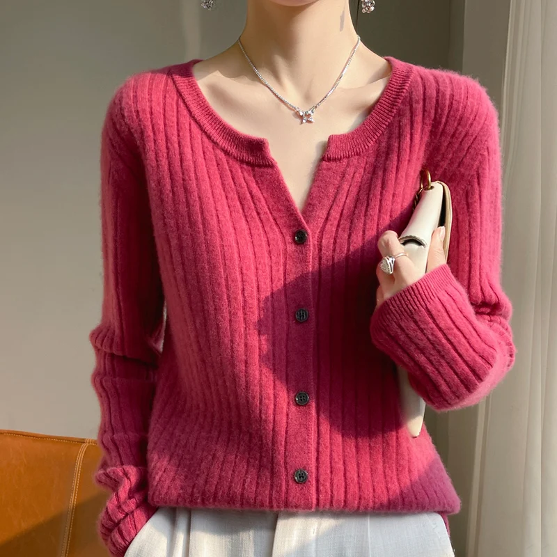 Women's Cardigan Spring/Autumn Solid Color Knitted Sweater Loose Ladies Tops Fashion V Neck Korean Style Single Breasted Blouse