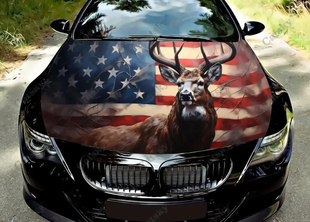 

Elk american flag Car Hood Decal Vinyl Sticker Graphic Wrap Decal Graphic Hood Decal Accessory Fits Most Vehicles