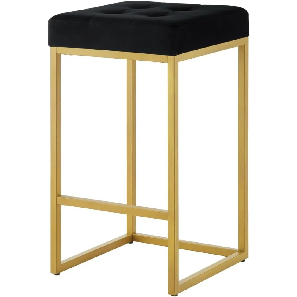 Bancos de bar contemporâneos acolchoados em veludo dourado 24K, conjunto de 2, 26 altos para ilha de cozinha, preto